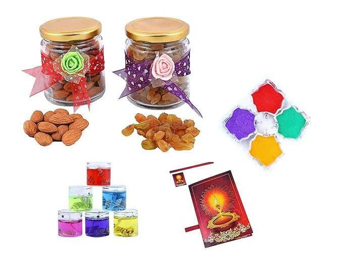 MANTOUSS Diwali Dry Fruit Decorative Glass Jar-Almond and Raisin(100gms Each),200 GMS + 2 Gel Filled Glass Candle, Diwali Greeting Card and Rangoli Colours - HalfPe