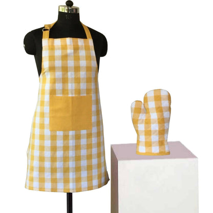 Lushomes Checks Yellow Kitchen Cooking Apron Set for Women, apron for kitchen, kitchen apron for women (2 Pc Set, Oven Glove 17 x 32 cm, Apron 60 x 80 cms) - HalfPe