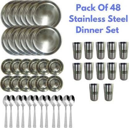 SHINI LIFESTYLE Pack of 48 Stainless Steel Stainless Steel Dinner Set, Steel Bartan Set 48pc Dinner Set (Silver) - HalfPe