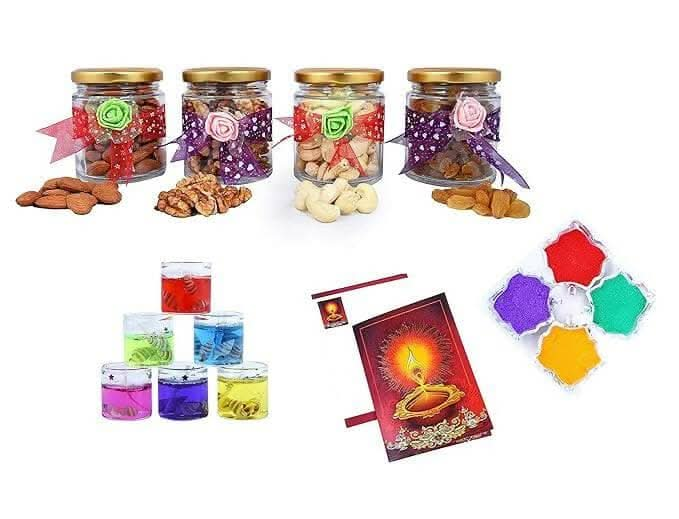 MANTOUSS Exclusive Diwali Dry Fruit Decorative Glass Jar-Cashew,Almond,Walnut and Raisin (100gms Each),400 GMS+ 2 Gel Filled Glass Candle, Diwali Greeting Card and Rangoli Colours - HalfPe