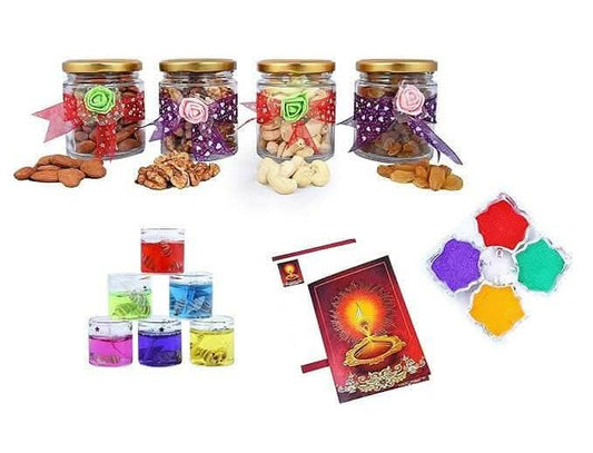 MANTOUSS Exclusive Diwali Dry Fruit Decorative Glass Jar-Cashew,Almond,Walnut and Raisin (100gms Each),400 GMS+ 2 Gel Filled Glass Candle, Diwali Greeting Card and Rangoli Colours - HalfPe