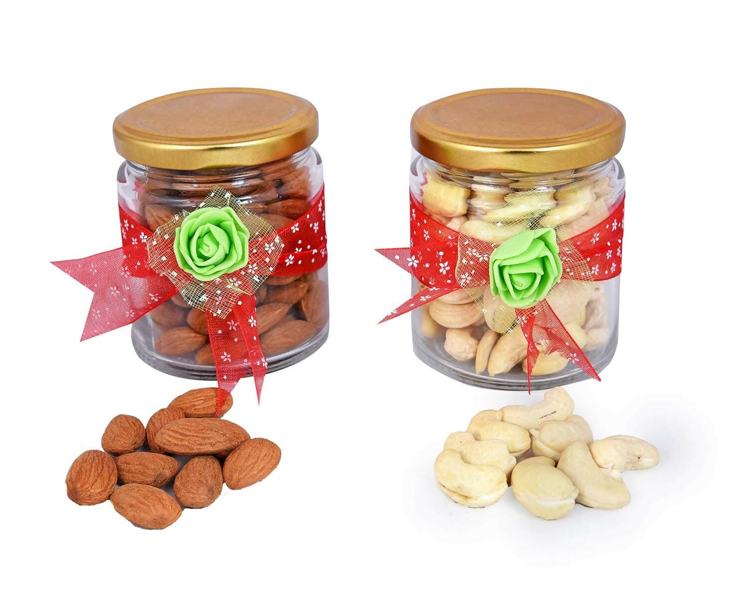 MANTOUSS Diwali Dry Fruit Decorative Glass Jar-Almond and Cashew(100gms Each),200 GMS + 2 Floating Diya, Diwali Greeting Card and Rangoli Colours - HalfPe