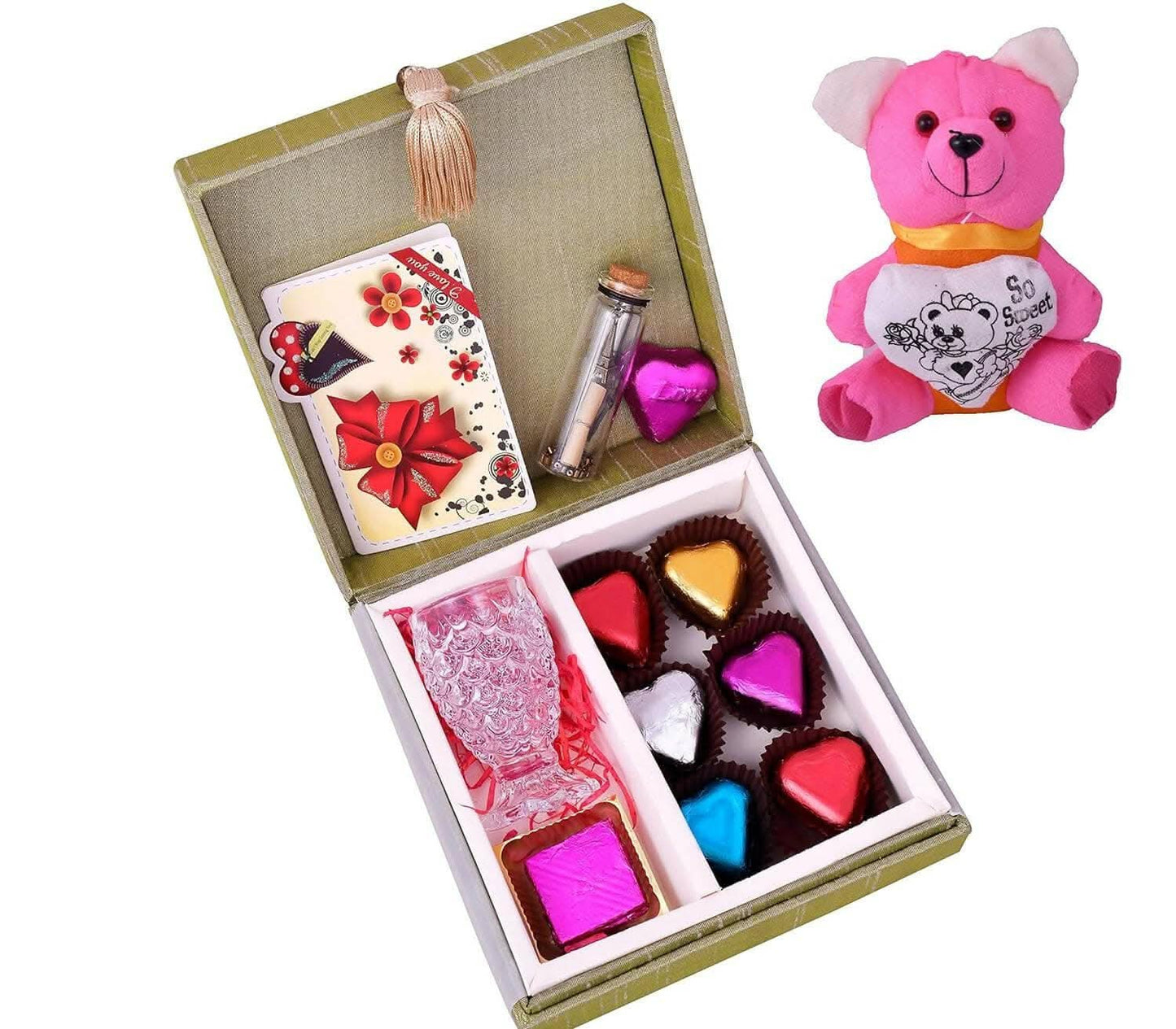 MANTOUSS Valentines Day Chocolate Gift for Boy Friend/Girl Friend + Cute Teddy Bear + Valentines Day Greeting Card + Love Message Bottle+ Shot Glass - HalfPe