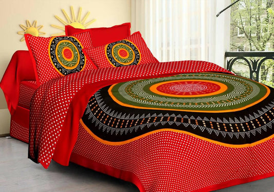 Jaipuri traditional Round CHUNRI Printed Design queen size cotton bedsheet with two pillow cover (Red) - HalfPe