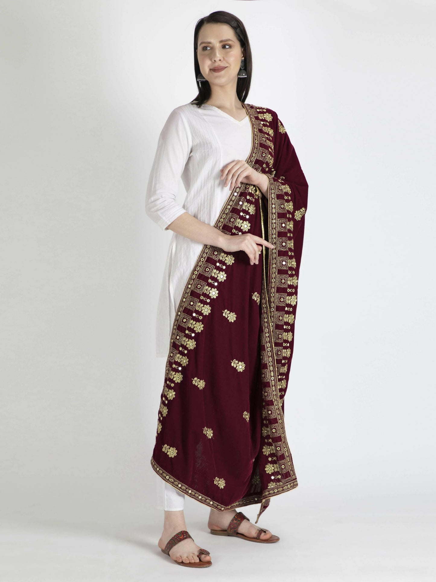 Velvet Shawl Dupatta (Maroon Embroidered ) - HalfPe