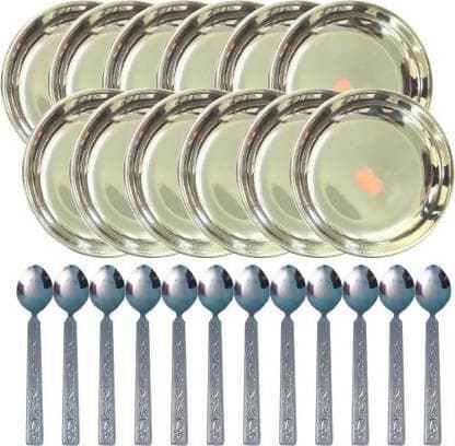 Shini lifestyles dinner set of thali 12pcs and spoons 12 pcs with laser design (set of 24) - HalfPe