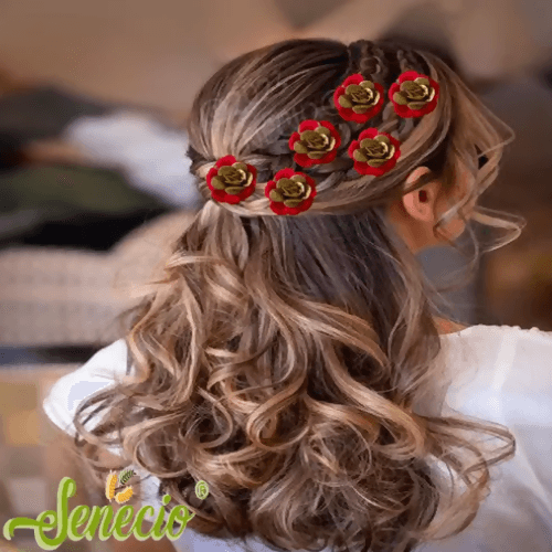 SENECIO 12Pc Red & Golden Glitter Fabric Rose Bridal Look U Shape Golden Hair Pin Wedding Collection Combo Set - HalfPe