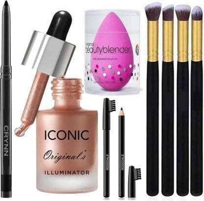 Crynn Rosedale Pro Kajal & Iconic Shine Illuminator Highlighter & Glazed Glam Black Eyebrow Pencil & Beauty Blender Sponge Puff - HalfPe