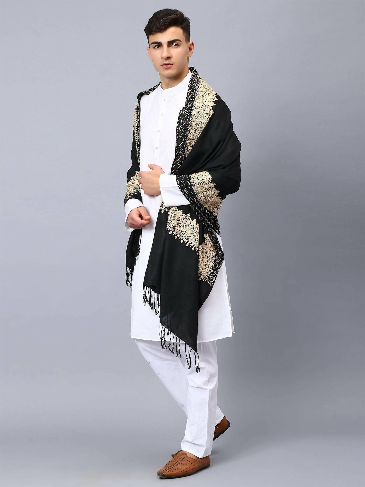 Black Brown Embroidered Stole - HalfPe