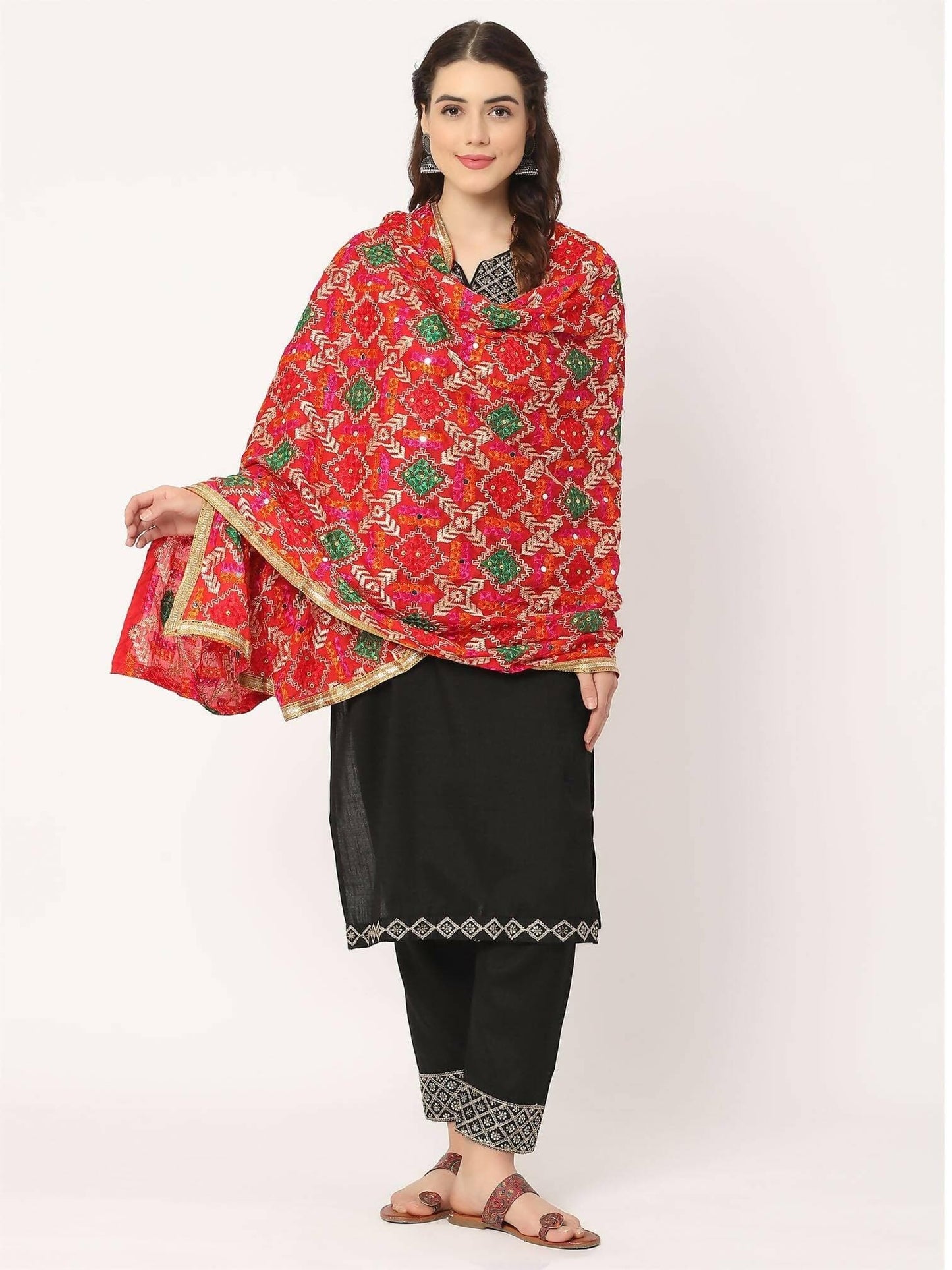 Red Multicolour Embroidery Phulkari Dupatta - HalfPe