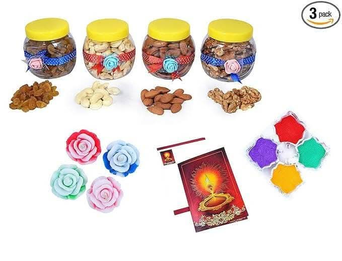 MANTOUSS Premium Diwali Dry Fruit Decorative Jar-Cashew,Almond,Walnut and Raisin (100gms Each),400 GMS + 2 Floating Diya, Diwali Greeting Card and Rangoli Colours - HalfPe