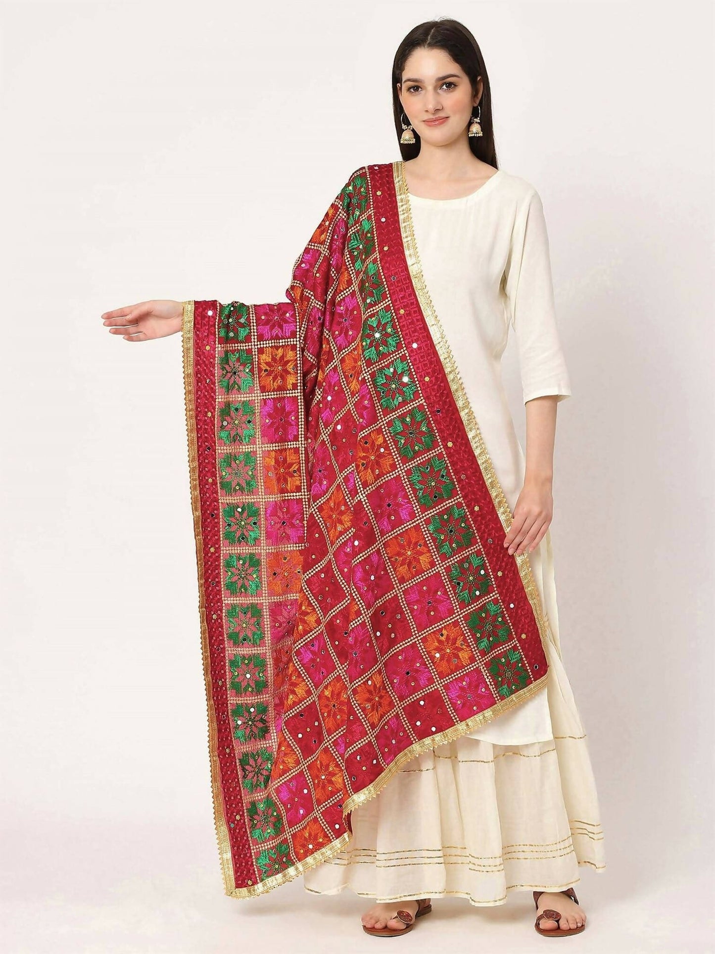 Maroon Multicolour Embroidery Phulkari Dupatta with Mirror Work - HalfPe