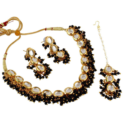 LUCKY JEWELLERY Back Meenakari 18k Gold Plated Black Color Tika Earring Combo Uncut Big Faux Kundan Choker Necklace set (796-J5SK-1811-BL) - HalfPe