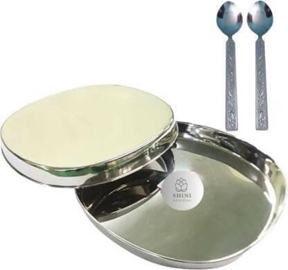 SHINI LIFESTYLE Stainless Steel Plate, dinner set Dinner Plate 2pc with Table Spoon Set Dinner Plate (Pack of 4) - HalfPe