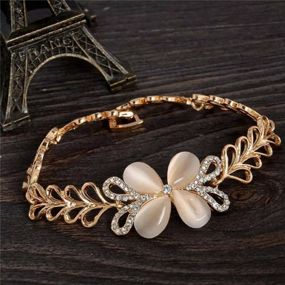 SENECIO Luxury Collection Cat's Eye Opal Floral Leaf Braid Gold Plated Bracelet - HalfPe