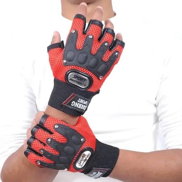 Gloves Military Rubber Hard Knuckle Gloves Fingerless Cycling Gloves (Red)  - HalfPe