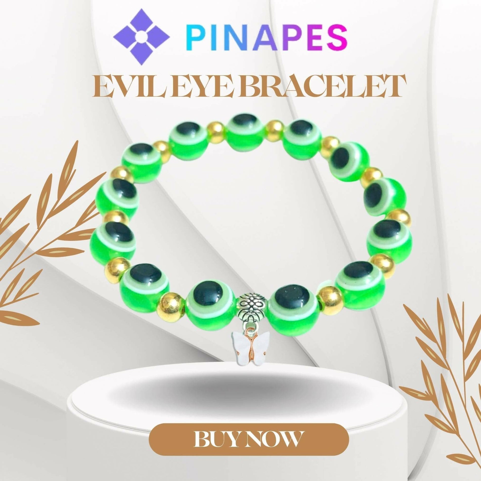 Pinapes Butterfly Beads and Evil Eye Charm Bracelet A Must-Have for Fashionable and Superstitious Women with white butterfly (light green) - HalfPe