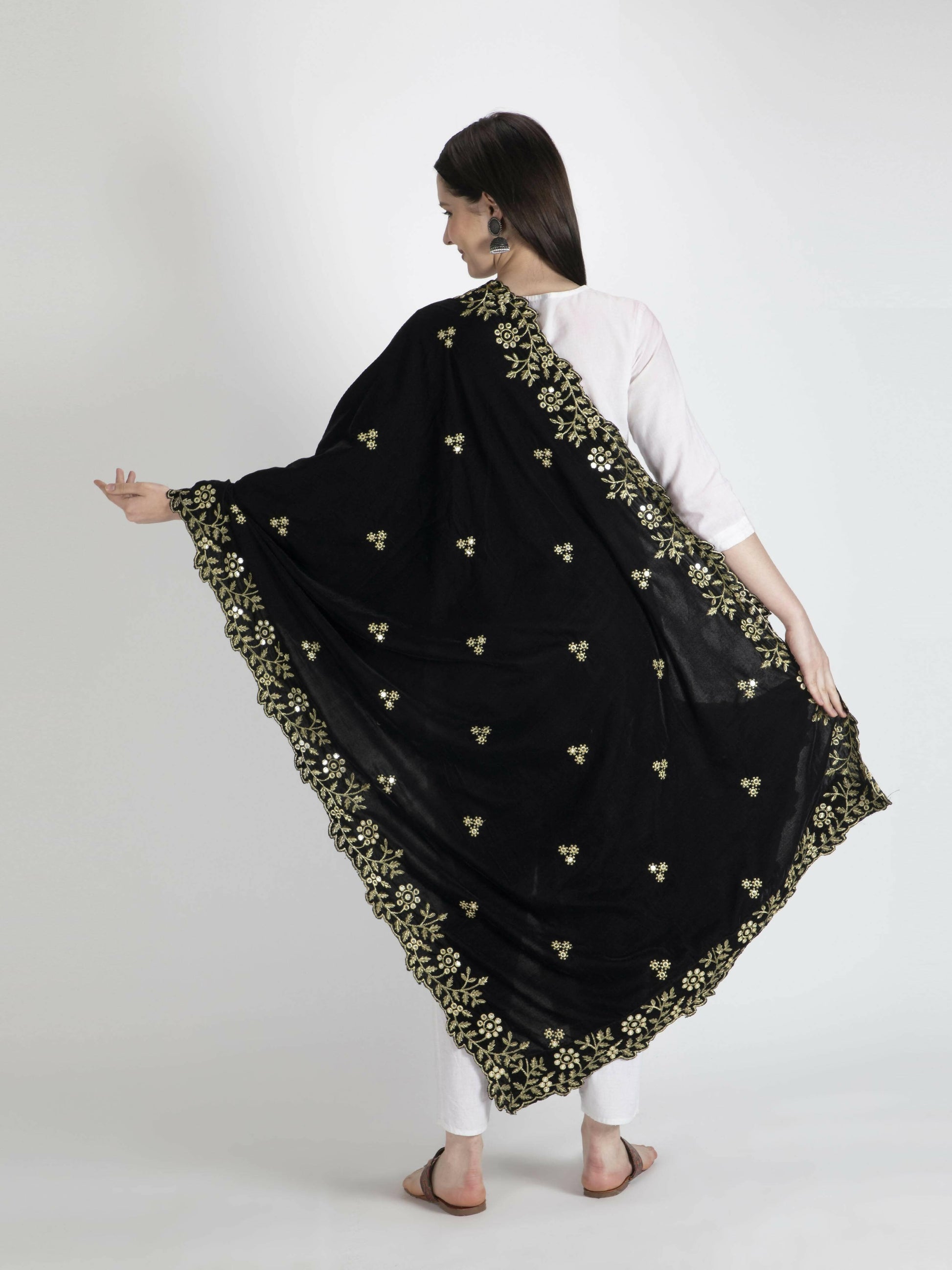 Black Embroidered Shawl Dupatta (Velvet) - HalfPe