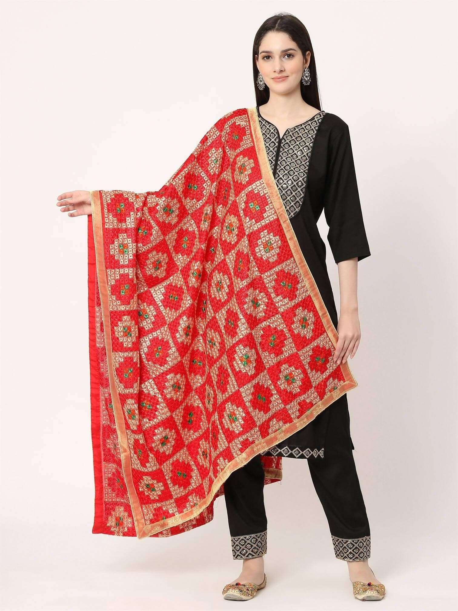 Red Multicolour Embroidery Phulkari Dupatta - HalfPe