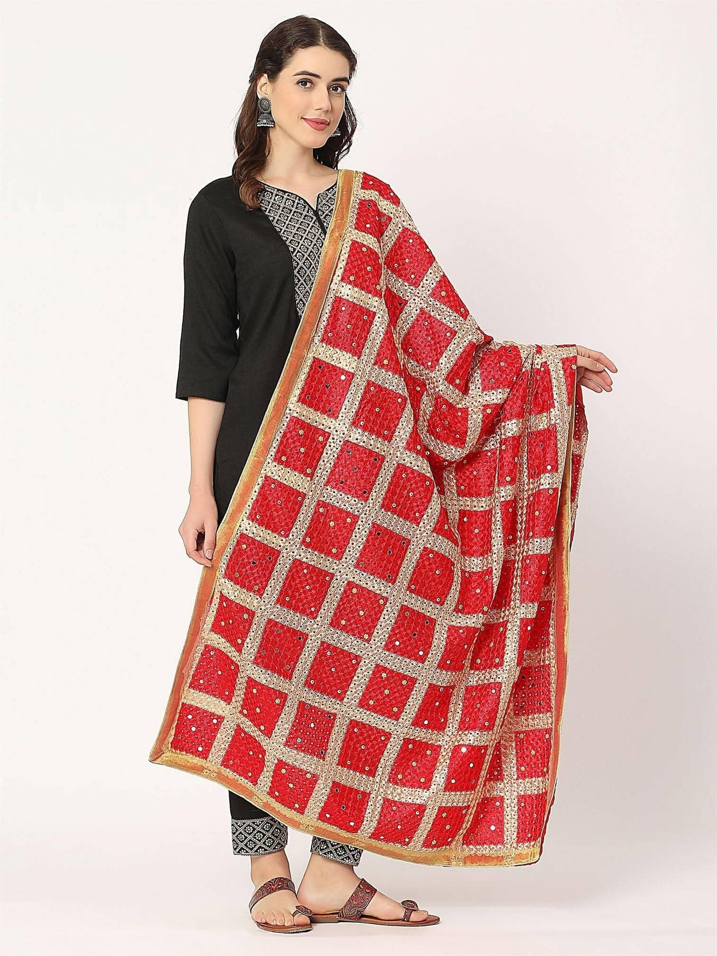 Red Embroidery Check Phulkari Dupatta with Mirror - HalfPe