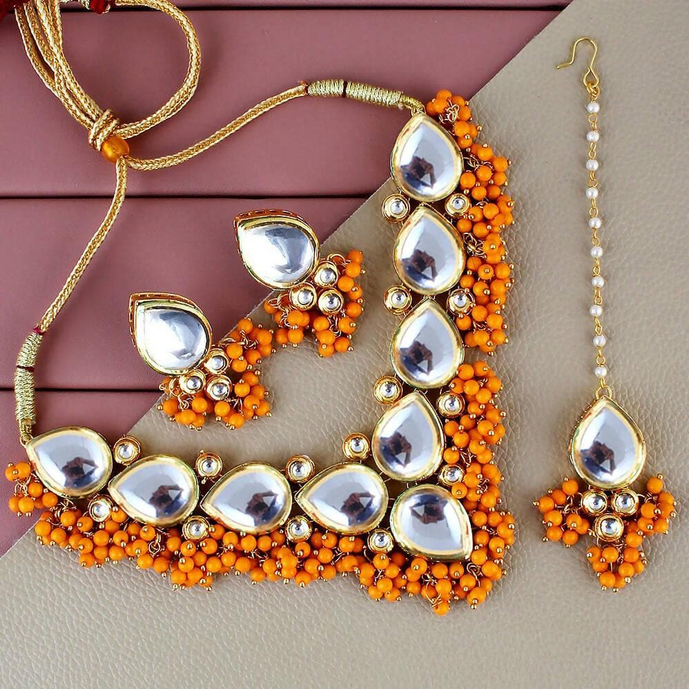 LUCKY JEWELLERY Back Meenakari 18k Gold Plated Dark Yellow Color Tika Earring Combo Uncut Big Faux Kundan Choker Necklace set - HalfPe