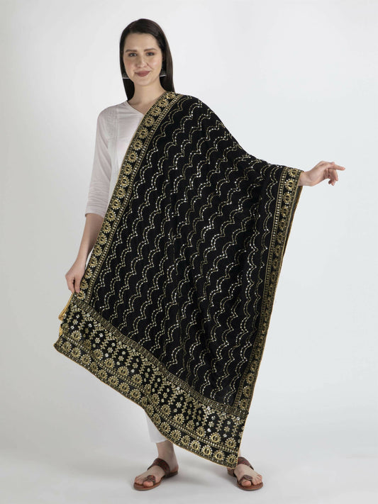 Embroidered Velvet Black Dupatta For Women - HalfPe