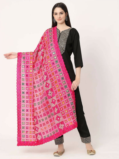 Magenta Mullticolour Check Design Embroidery Phulkari Dupatta with Mirror - HalfPe