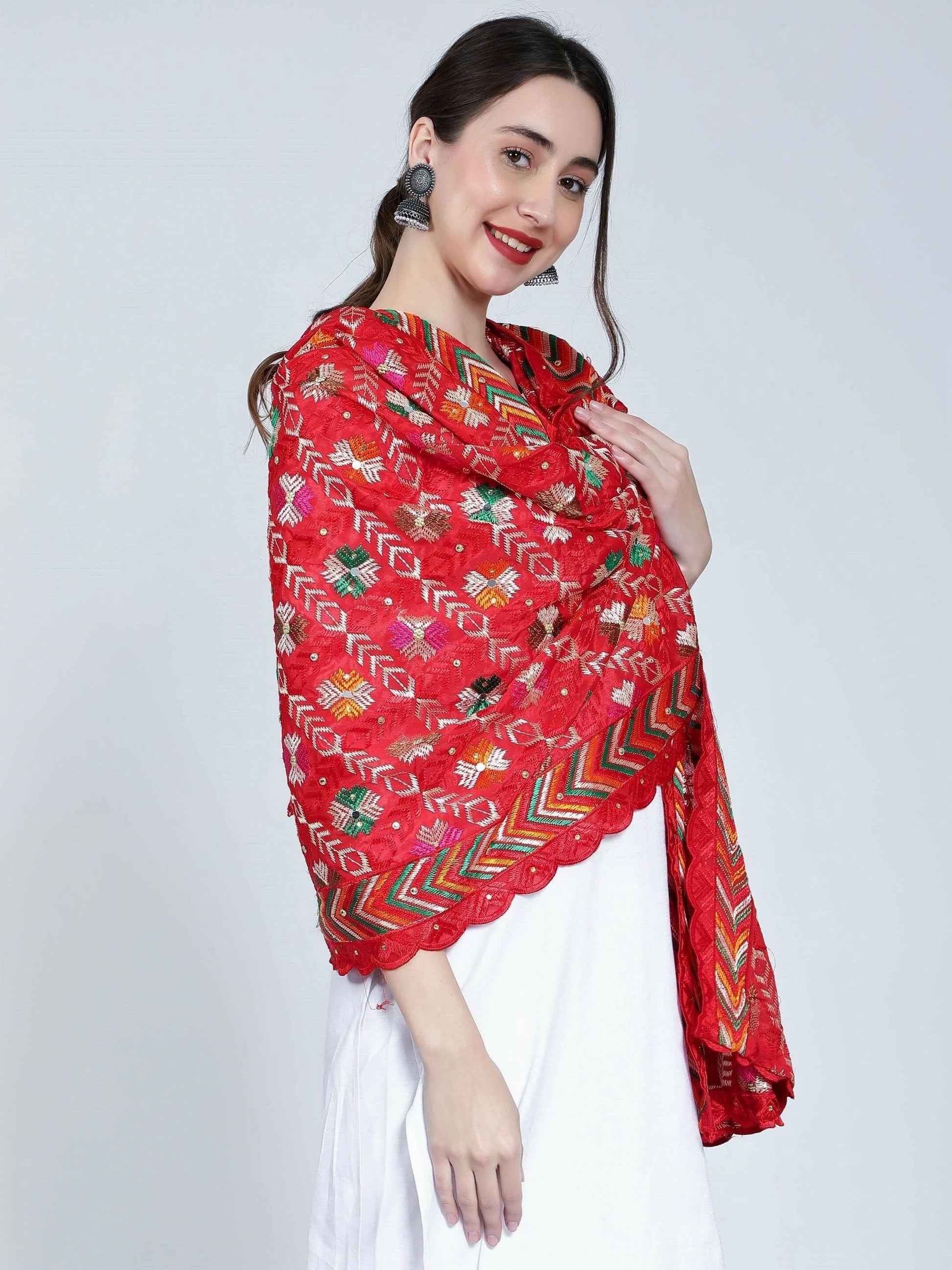 Phulkari dupatta with mirror work (Red, multicolor design) - HalfPe