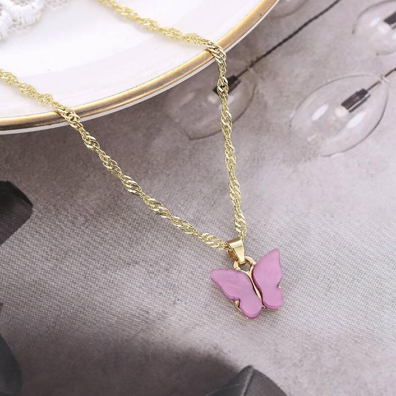 Pinapes Stylish Gold Chain Plated Multi-Color Butterfly Pendant Necklace for Women and Girls (Pink, pack of 2) - HalfPe