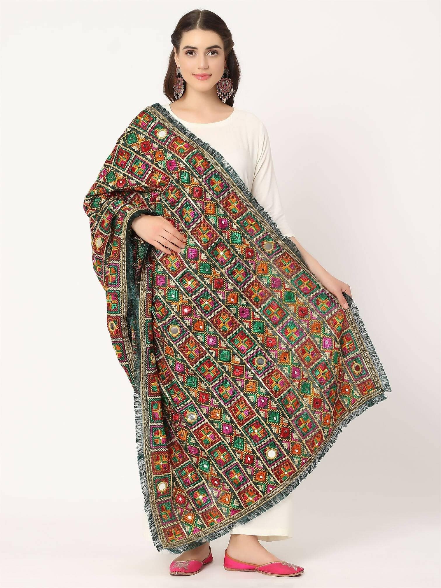 Green Mullticolour Embroidery Phulkari Dupatta with Mirror Work - HalfPe