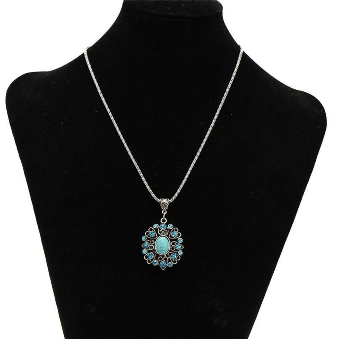 SENECIO Vintage Oval Shape Hollow Out Sliver Plated Turquoise Floral Rhinestone Studded Necklace - HalfPe