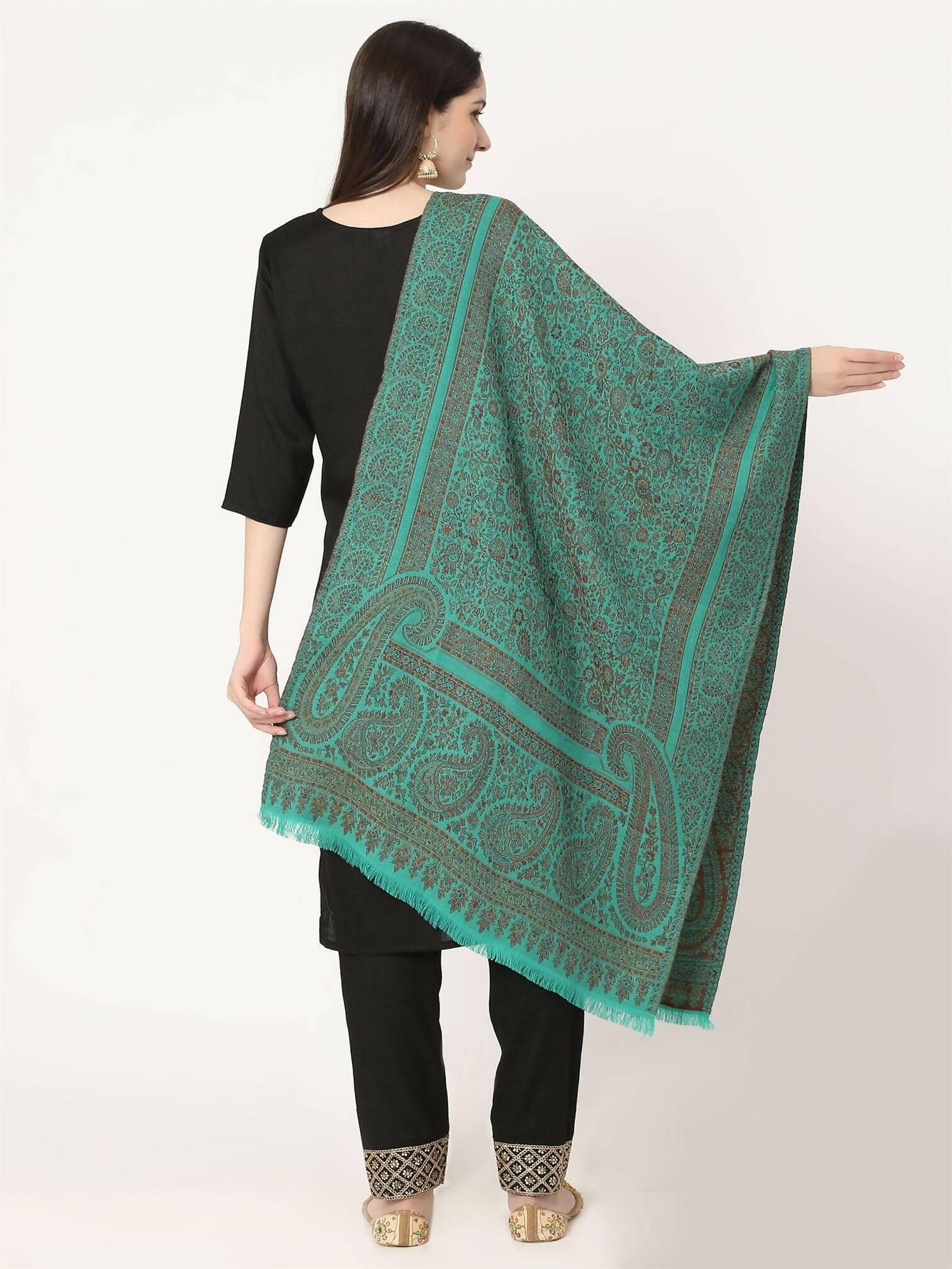 Turquoise Green and Brown Paisley Wool Stole for women - HalfPe