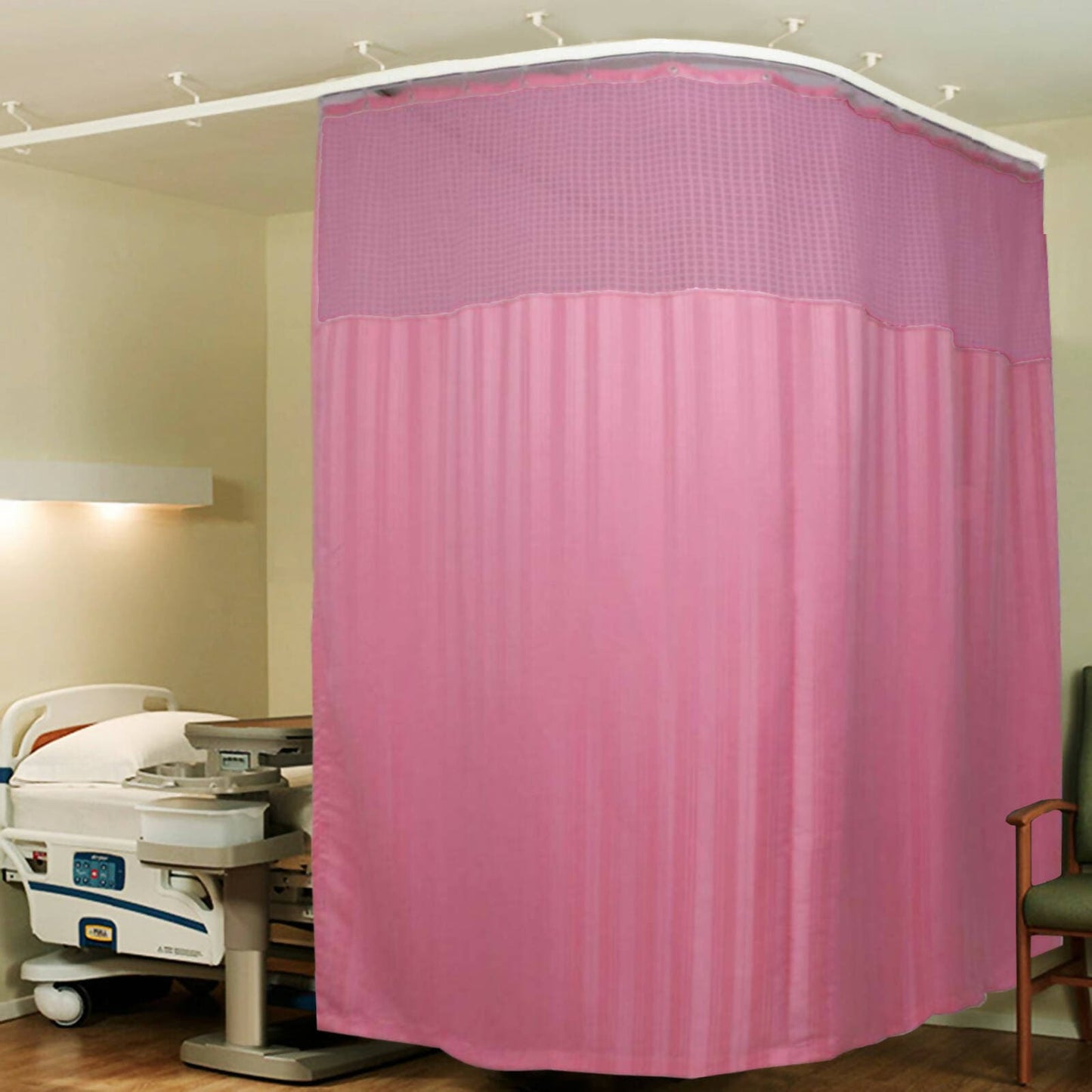 Hospital Partition Curtains, Clinic Curtains Size 9 FT W x 7 ft H, Channel Curtains with Net Fabric, 100% polyester 18 Rustfree Metal Eyelets 18 Plastic Hook, Pink, Stripes (9x7 FT) - HalfPe