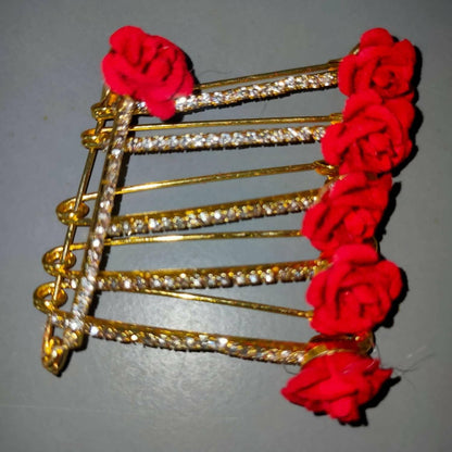 SENECIO Golden Diamond Crystal Studded Floral Romantic Love Brooch Safety Pin Hair Clip Hijab Saree Pin Combo Set For Girls & Women ( 6pcs Red Rose) - HalfPe