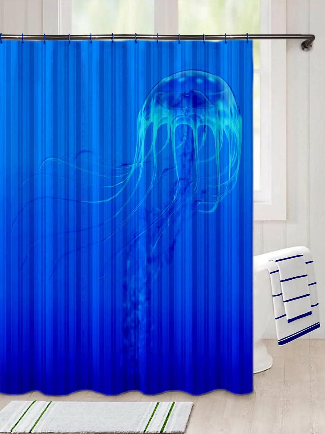 Lushomes shower curtain, Jelly Fish Printed, Polyester waterproof 6x6.5 ft with hooks, non-PVC, Non-Plastic, For Washroom, Balcony for Rain, 12 eyelet & no Hooks (6 ft W x 6.5 Ft ) - HalfPe