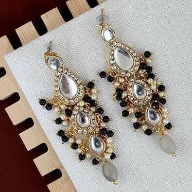 LUCKY JEWELLERY Gold Plated White Grey Color Tika Earring Necklace Combo Kundan Jewellery Set - HalfPe