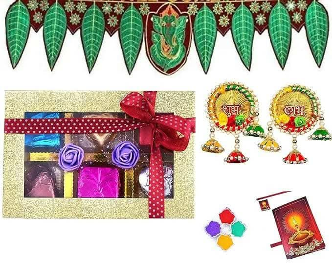 MANTOUSS Diwali Gift Hamper/Chocolate Gift Pack-Handmade choocolate Box+Beautiful Ganesha Toran+Flower Candle tealight Holder+Diwali Card - HalfPe