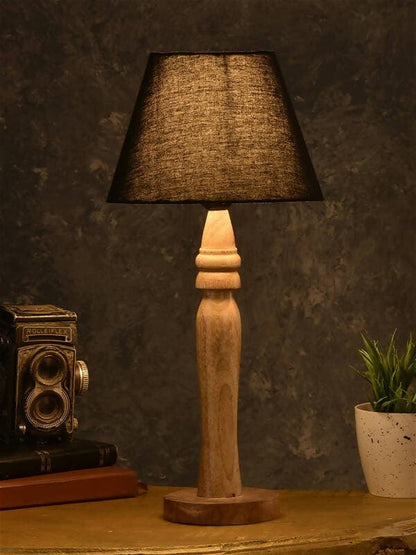 Green Girgit Round Brown Lamp With Taper Black Cotton Shade - HalfPe