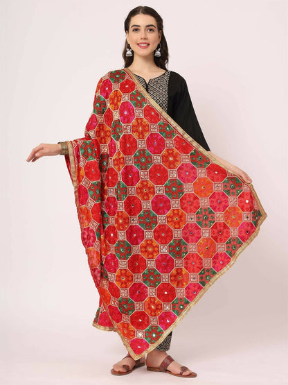 Red Multicolour Embroidery Phulkari Dupatta - HalfPe