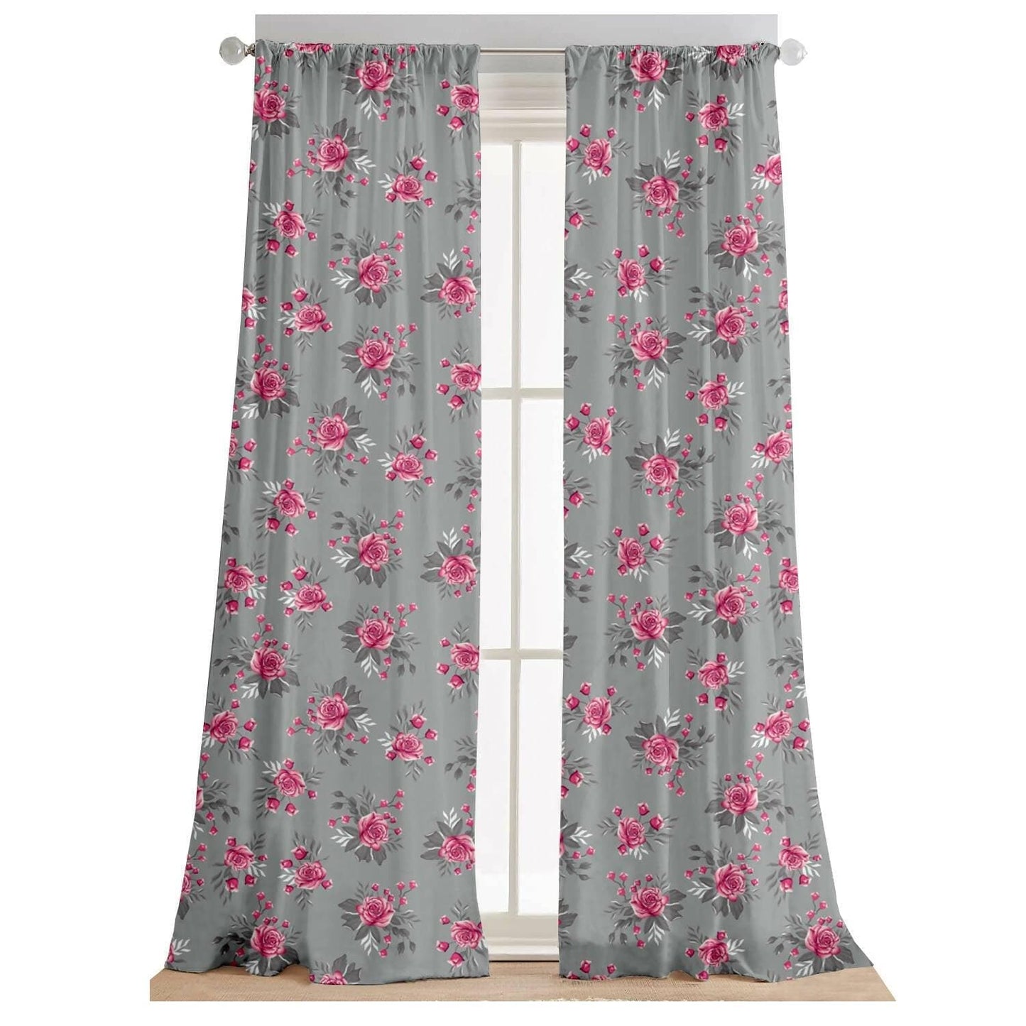 Lushomes curtains 8 feet long set of 2, door curtains 8 ft, door curtain, curtains for bedroom, Semi sheer curtains, rod pocket curtains (Pack of 2, 57x96 Inch, Grey Flowers) - HalfPe