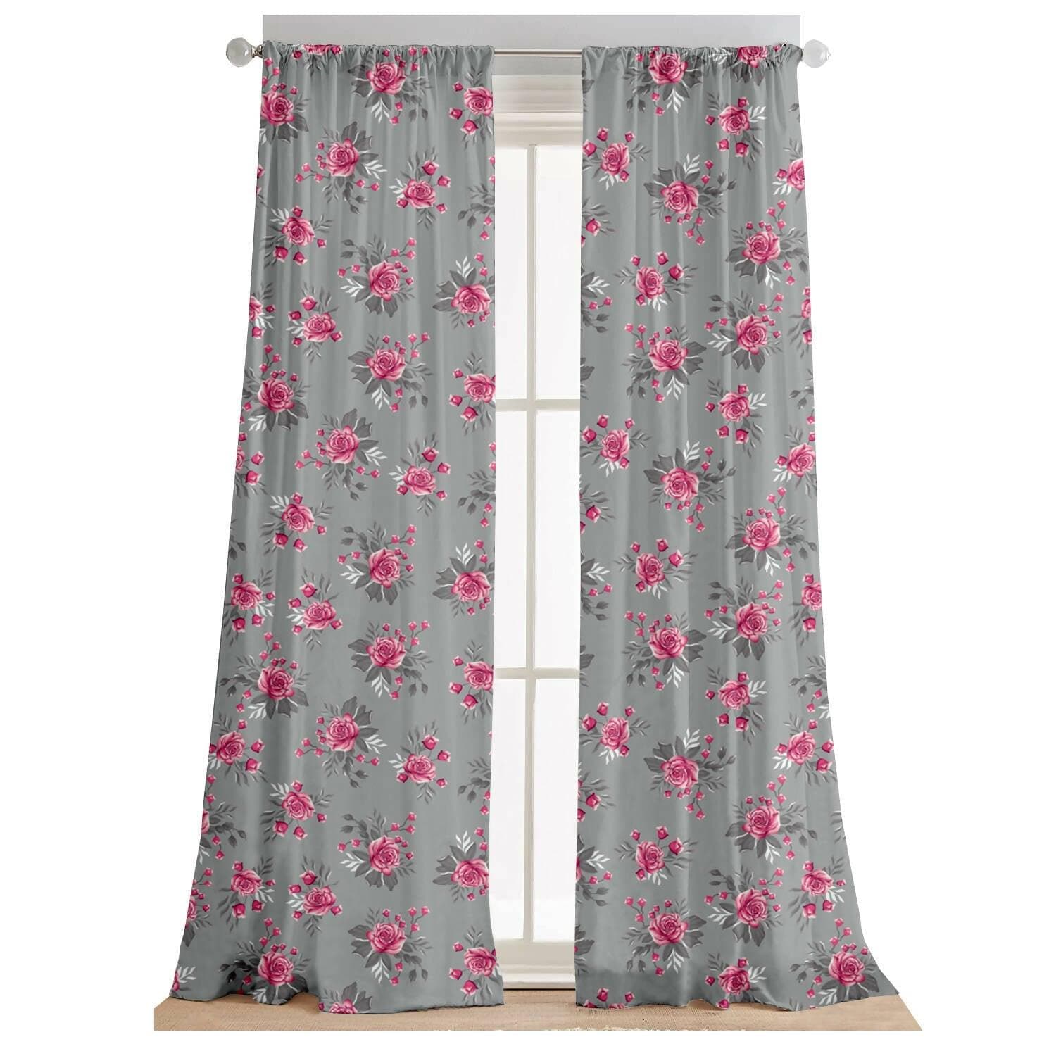 Lushomes curtains 8 feet long set of 2, door curtains 8 ft, door curtain, curtains for bedroom, Semi sheer curtains, rod pocket curtains (Pack of 2, 57x96 Inch, Grey Flowers) - HalfPe