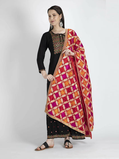 Phulkari with gold Lace dupatta (Multicolour) - HalfPe