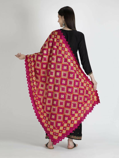 Phulkari Dupatta with Mirror Work (Magenta) - HalfPe