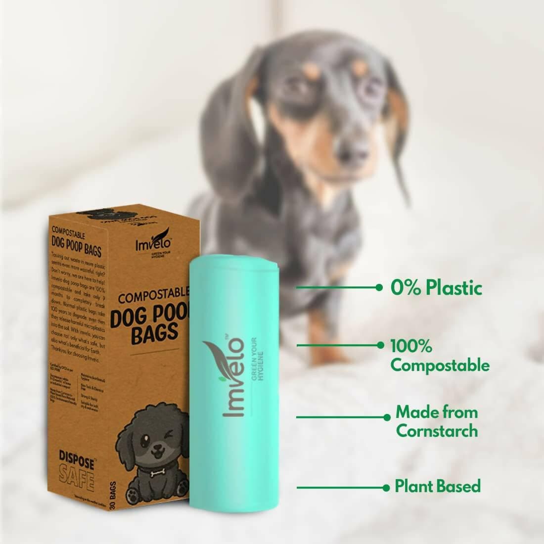 IMVELO GREEN YOUR HYGIENE Compostable Dog Poop Bags (60 Bags) 2 Rolls | Leak Proof Pet Waste Garbage Bags (Pack of 2, Green) - HalfPe