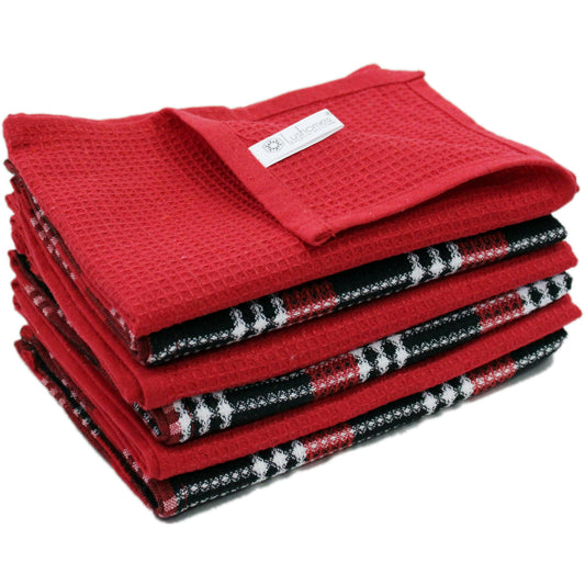 Lushomes Kitchen Cleaning Cloth, Waffle Cotton Dish Machine Washable Towels for Home Use, Pack of 6 Towel, 16x24 Inches (40x60 Cms, Set of 6) (Red + Black) - HalfPe