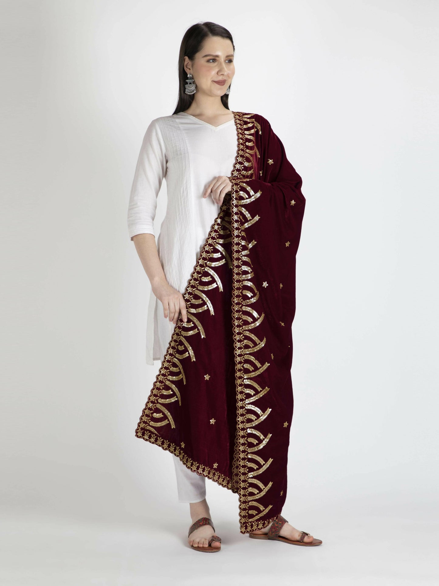 Embroidered Velvet Shawl Dupatta(Maroon) - HalfPe