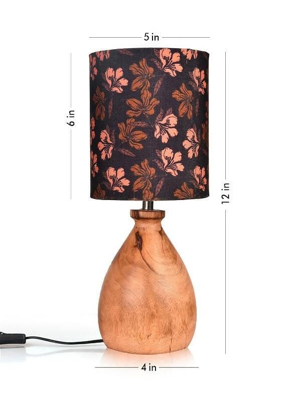 Wooden Dome Table Lamp Black Floral Shade - HalfPe