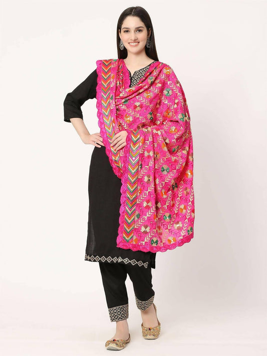 Magenta Embroidery Phulkari Dupatta with Lace border - HalfPe