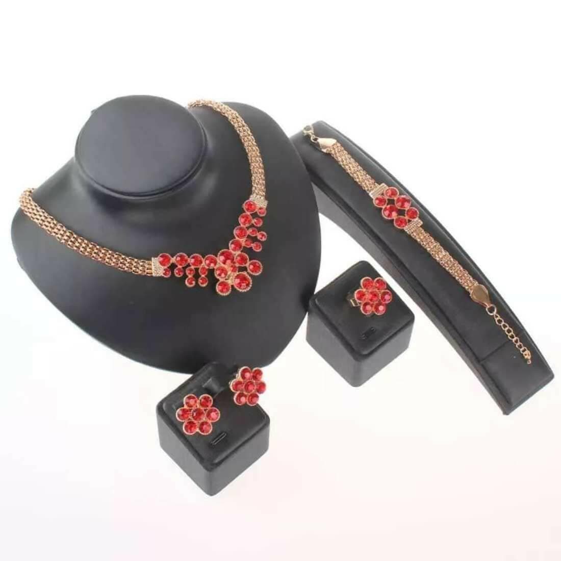 SENECIO Red Woven Pattern Popcorn Chain African Style Necklace,Earrings,Bracelet,Ring Set - HalfPe