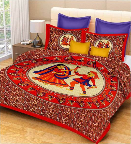 Jaipuri Traditional Sanganeri Dandiya Print 100% Cotton Double Size Bedsheet with 2 Pillow Covers (Red) - HalfPe